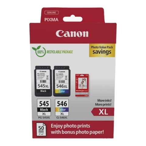 Zestaw tuszy Canon PG-545XL Black 15ml 400 str./CL-546XL Color 13ml 300 str. + papier fotograficzny glossy 50 arkuszy (8286B011) Canon Zestaw tuszy Canon PG-545XL Black 15ml 400 str./CL-546XL Color 13ml 300 str. + papier fotograficzny glossy 50 arkuszy (8286B011) Canon