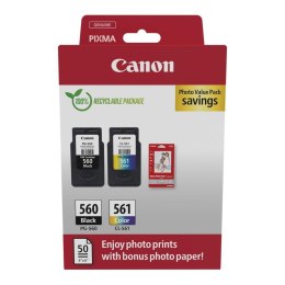 Zestaw tuszy Canon PG-560 Black 7,5ml 180 str./CL-561 Color 8,3ml 180 str. + papier fotograficzny glossy 50 arkuszy (3713C008) Canon