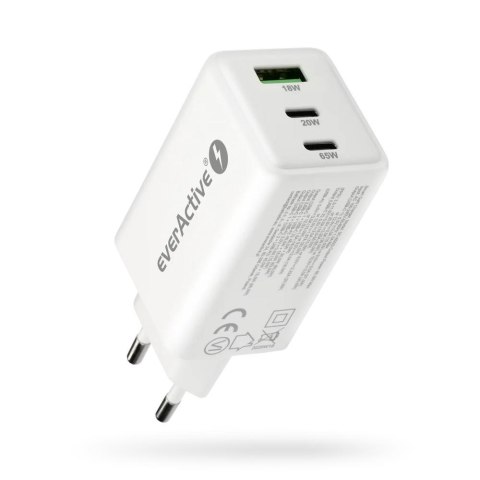 Ładowarka sieciowa everActive GaN SC-655Q 1x USB, 2x USB-C PD PPS QC4+ 65W biała Everactive Ładowarka sieciowa everActive GaN SC-655Q 1x USB, 2x USB-C PD PPS QC4+ 65W biała Everactive