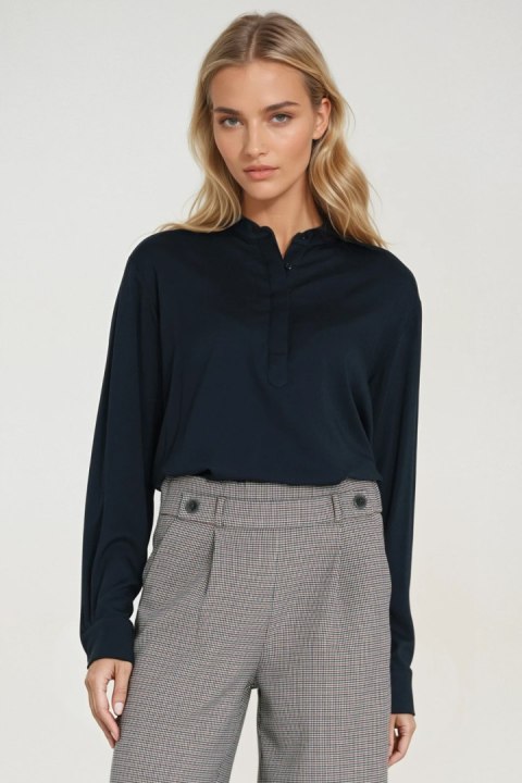 Wiskozowa bluzka polo ze stójką B194 Navy - Nife Nife Wiskozowa bluzka polo ze stójką B194 Navy - Nife Nife