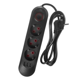 Listwa zasilająca Maclean MCE394 B, przedłużacz 3gniazda + 3xUSB, 110-240V AC 50/60Hz, 2.1A max 2500W, 1,5m, czarna Maclean