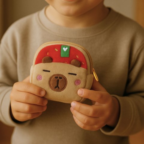 Portfelik Pluszowy Z Brelokiem Kapibara Truskawka Czerwona 9,5 x 8 cm LEAN