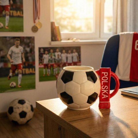 Kubek piłka z szalikiem - Polska i podkładka piłka - prezent dla piłkarza