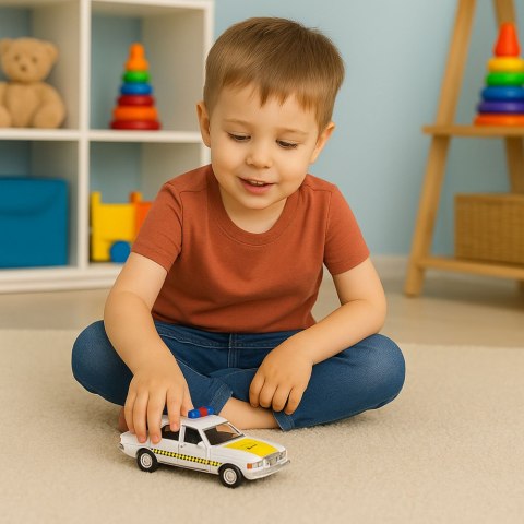 Klasyczny Samochód Policyjny Napęd Metalowy Otwierane Drzwi Biały 1:32 LEAN TOYS