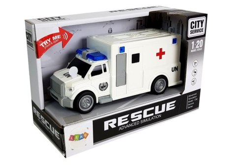 Auto Ambulans z napędem Karetka Pogotowia 1:20 z dźwiękiem LEAN Toys Auto Ambulans z napędem Karetka Pogotowia 1:20 z dźwiękiem LEAN Toys