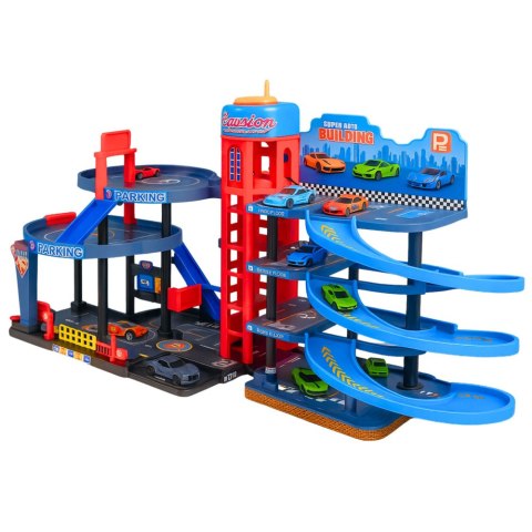 Parking Z Autkami Tor 4 Poziomowy 8 Metalowych Pojazdów Naklejki LEAN Toys