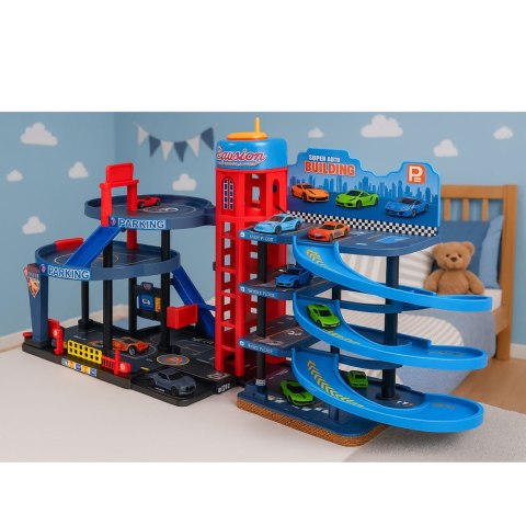 Parking Z Autkami Tor 4 Poziomowy 8 Metalowych Pojazdów Naklejki LEAN Toys