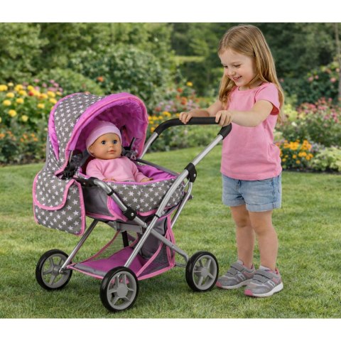 Wózek Dla Lalek Spacerówka 2 w 1 Torba Szaro Różowy Gwiazdki Alice