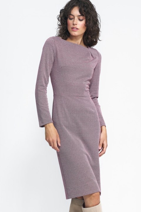 Sukienka z zakładkami na dekolcie w bordową jodełkę S235 Bordo - Nife Nife