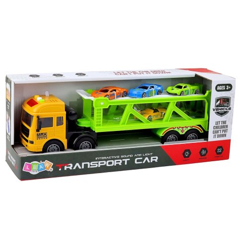 Ciężarówka Transportowa Laweta Lora Z Autkami Światła Dźwięki Zielona LEAN Toys