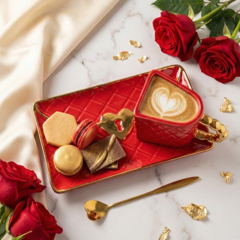 Kubek Torebka - talerzyk i łyżeczka serce - prezent na walentynki dla niej