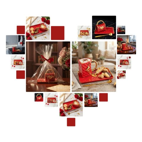 Kubek Torebka - talerzyk i łyżeczka serce - prezent na walentynki dla niej