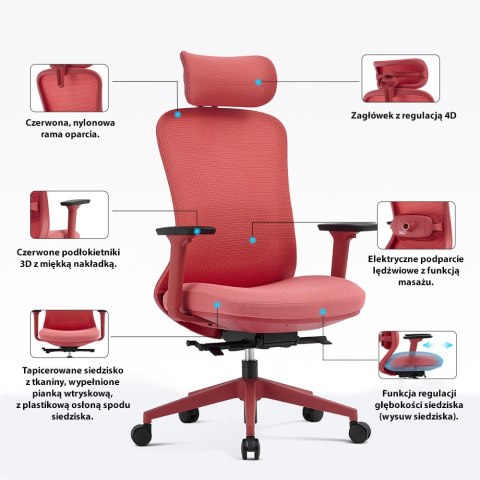 Fotel biurowy ergonomiczny ANGEL fizjO czerwony z funkcją masażu ANGEL