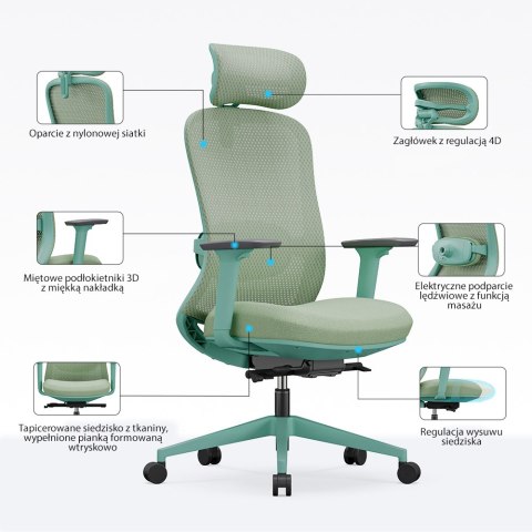 Fotel biurowy ergonomiczny ANGEL fizjO miętowy z funkcją masażu ANGEL