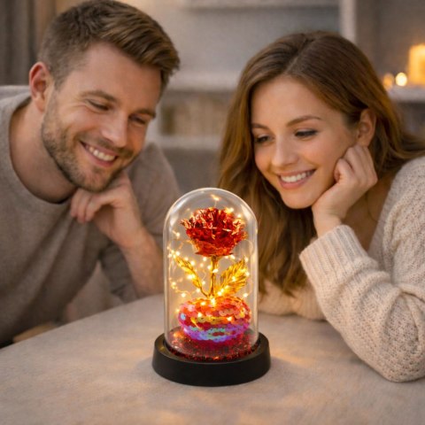 Wieczna Róża Kryształowa w Kopule z Oświetleniem LED z Serduszkiem 14x8cm LEAN