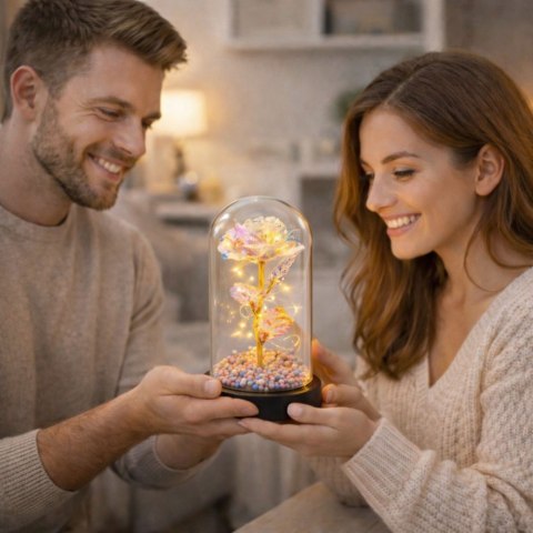 Wieczna Róża W Szklanej Kopule Oświetlenie LED Kryształowa 21,5 x 11 cm LEAN