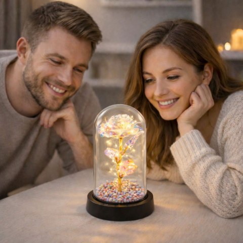 Wieczna Róża W Szklanej Kopule Oświetlenie LED Kryształowa 21,5 x 11 cm LEAN