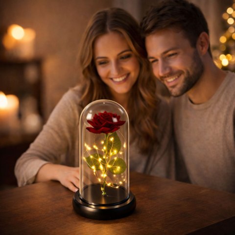 Wieczna Róża w Kopule z Oświetleniem LED Czerwona 21x11cm LEAN