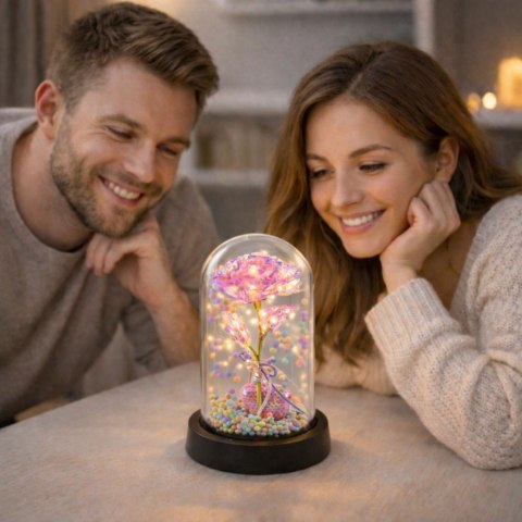 Wieczna Róża w Kopule z Oświetleniem LED Różowa z Serduszkiem i Kuleczkami LEAN