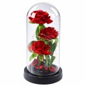 Wieczne 3 Róże w Kopule z Oświetleniem LED i Płatkami Róż Czerwone 21x11cm LEAN