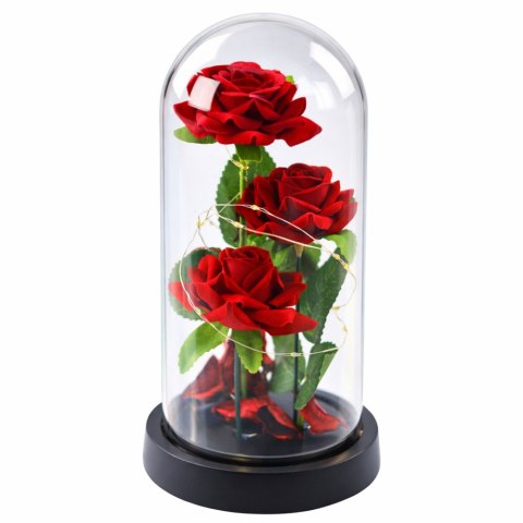 Wieczne 3 Róże w Kopule z Oświetleniem LED i Płatkami Róż Czerwone 21x11cm LEAN