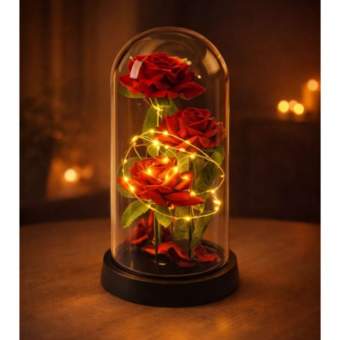Wieczne 3 Róże w Kopule z Oświetleniem LED i Płatkami Róż Czerwone 21x11cm LEAN