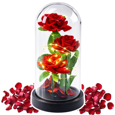 Wieczne 3 Róże w Kopule z Oświetleniem LED i Płatkami Róż Czerwone 21x11cm LEAN