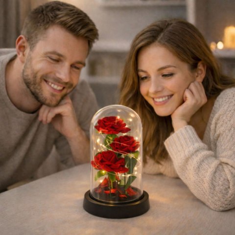 Wieczne 3 Róże w Kopule z Oświetleniem LED i Płatkami Róż Czerwone 21x11cm LEAN