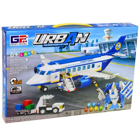 Klocki Konstrukcyjne Samolot Pasażerski Robot 2w1 Światła 417 el. LEAN Toys