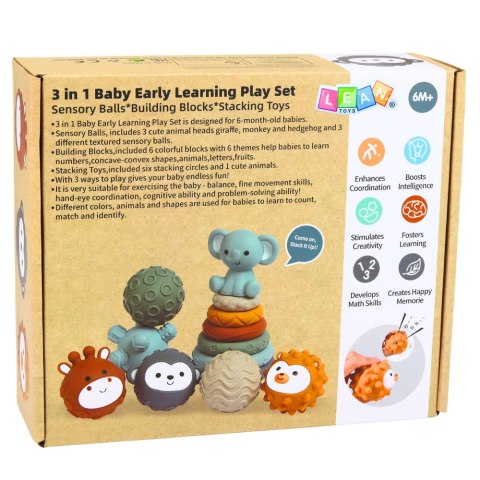 Zestaw Klocki Sensoryczne Gumowe Dla Niemowląt 3w1 Piłeczki Wieża LEAN Toys