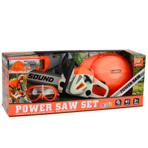 Zestaw Majsterkowicza Piła Łańcuchowa Kask Okulary Narzędzia Dźwięki LEAN Toys