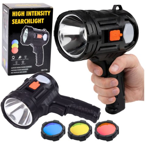 Latarka LED Szperacz Solarna 6 Trybów Powerbank Wymienne Filtry 19 cm LEAN