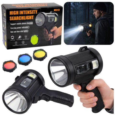 Latarka LED Szperacz Solarna 6 Trybów Powerbank Wymienne Filtry 23 cm LEAN