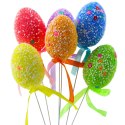 Jajka Wielkanocne Na Piku Druciku Kolorowe Białe Wzorki Wstążka Ozdoba 6szt LEAN