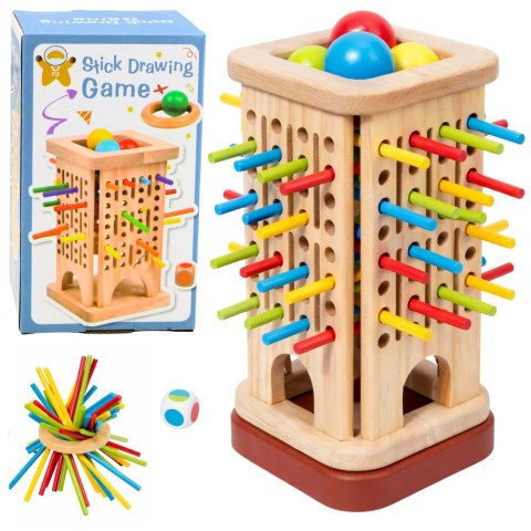 Drewniana Gra Zręcznościowa Edukacyjna Wieża Patyczki Kulki Kostka 37 el. LEAN Toys
