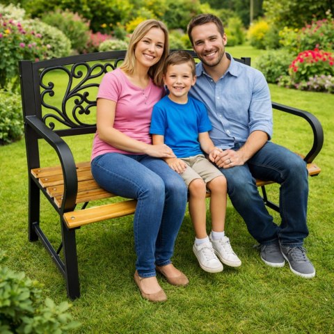 Ławka Ogrodowa Park Taras Ogród Metalowe Oparcie Drewniana Zdobiona 118 cm LEAN