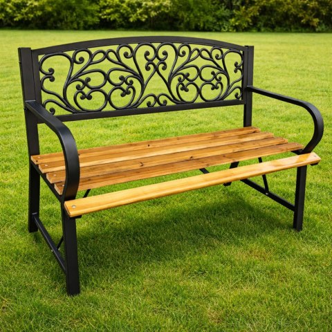 Ławka Ogrodowa Park Taras Ogród Metalowe Oparcie Drewniana Zdobiona 118 cm LEAN