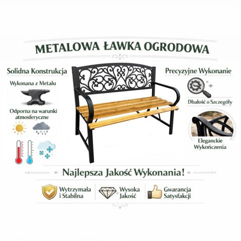 Ławka Ogrodowa Park Taras Ogród Metalowe Oparcie Drewniana Zdobiona 118 cm LEAN