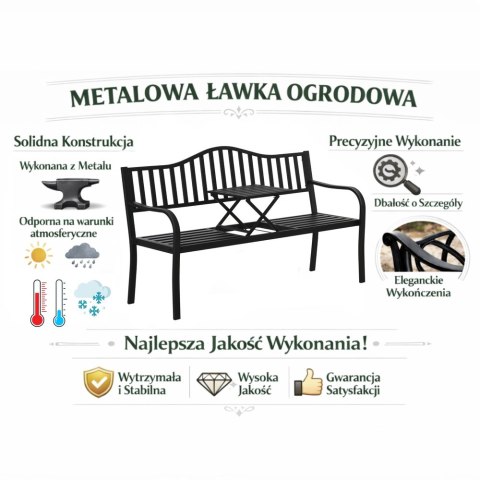 Ławka Ogrodowa Taras Ogród Park Metalowa Oparcie Stolik Czarna 150 cm LEAN