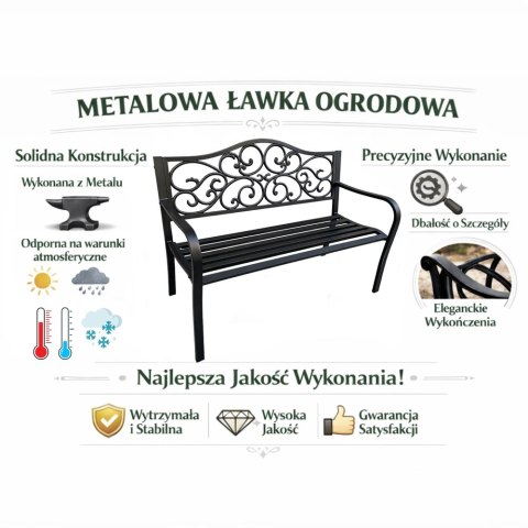 Ławka Ogrodowa Taras Ogród Park Metalowa Oparcie Zdobiona Czarna 127 cm LEAN