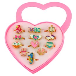 Zestaw Pierścionki Dla Dzieci Regulowane Metalowe Różne Wzory Serce 12 szt. LEAN TOYS