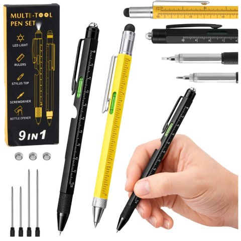 Długopisy Wielofunkcyjne 9w1 Poziomica Latarka Śrubokręt Żółty Czarny 2szt LEAN