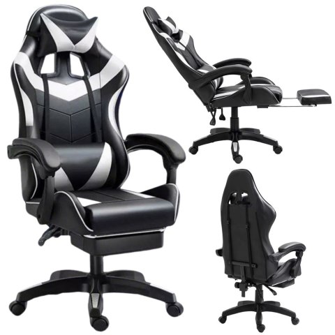 Fotel Gamingowy LEAN Obrotowy Biurowy Z Podnóżkiem Poduszki Czarno-Biały LEAN