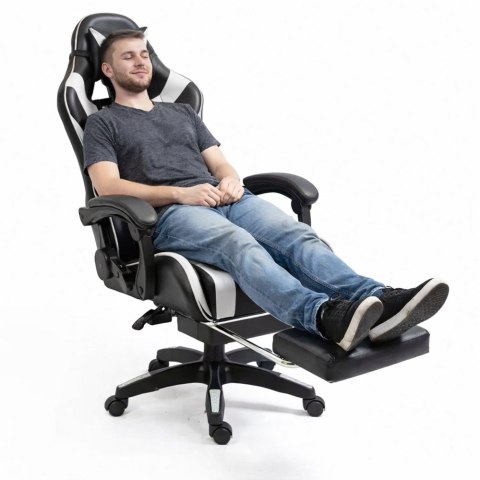Fotel Gamingowy LEAN Obrotowy Biurowy Z Podnóżkiem Poduszki Czarno-Biały LEAN