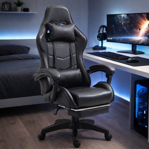 Fotel Gamingowy LEAN Obrotowy Biurowy Z Podnóżkiem Poduszki Czarny LEAN