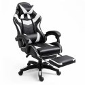 Fotel Gamingowy LEAN Obrotowy Biurowy Z Podnóżkiem Poduszki Czarno-Biały LEAN