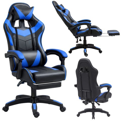 Fotel Gamingowy LEAN Obrotowy Biurowy Z Podnóżkiem Poduszki Czarno-Niebieski LEAN