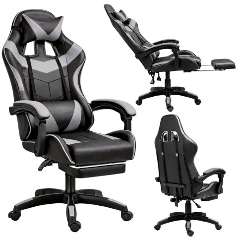 Fotel Gamingowy LEAN Obrotowy Biurowy Z Podnóżkiem Poduszki Czarno-Szary LEAN