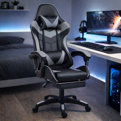 Fotel Gamingowy LEAN Obrotowy Biurowy Z Podnóżkiem Poduszki Czarno-Szary LEAN