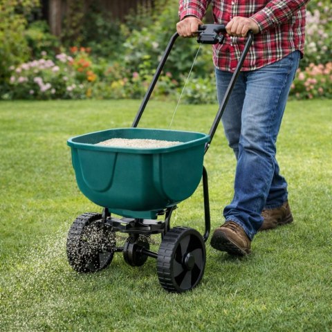 Siewnik Rotacyjny Na Kołach Do Nawozów Nasion Trawy Soli Piasku 27L LEAN